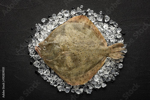Obraz na płótnie Fresh turbot fish on ice on a black stone table top view w salonie