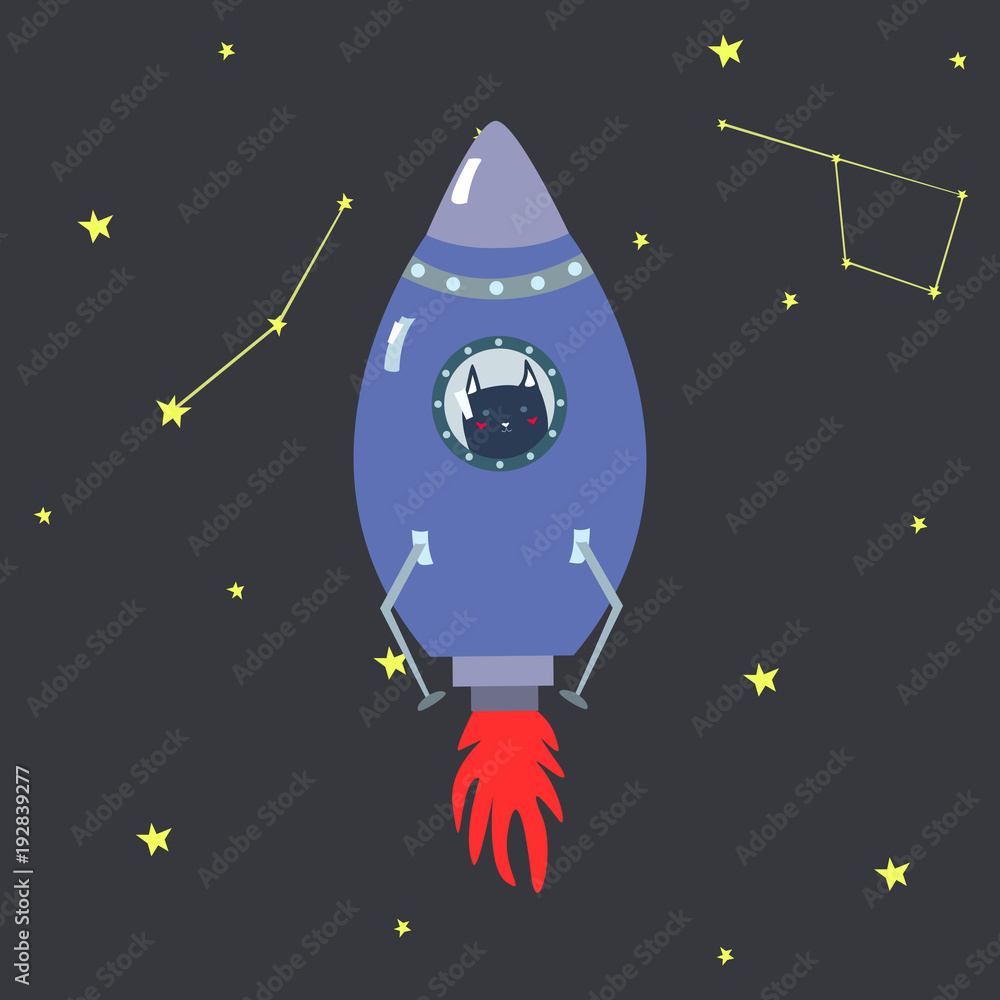 Purple space ship with cute dark blue cat doodle style with constellation vector illustration