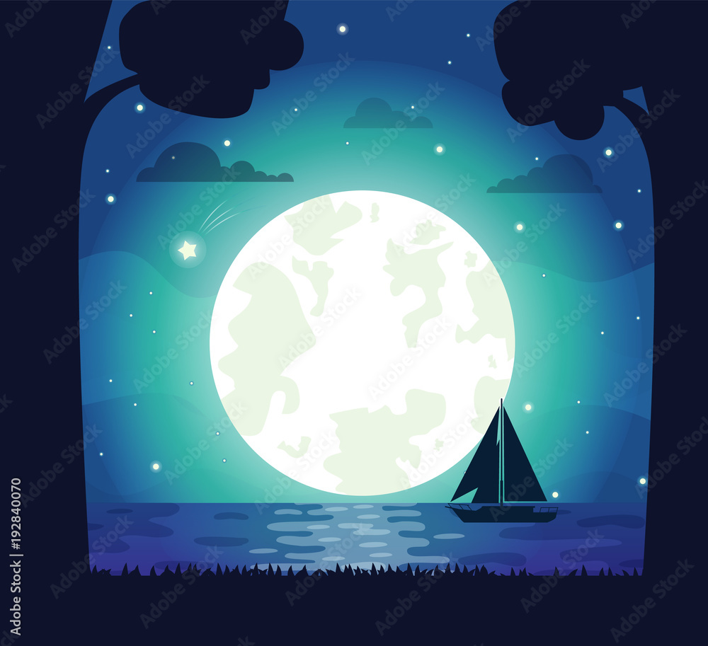 Fototapeta premium Moon and Stars Silhouette Vector Illustration