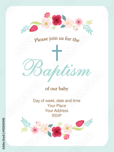 Cute vintage Baptism invitation card with hand drawn flowers