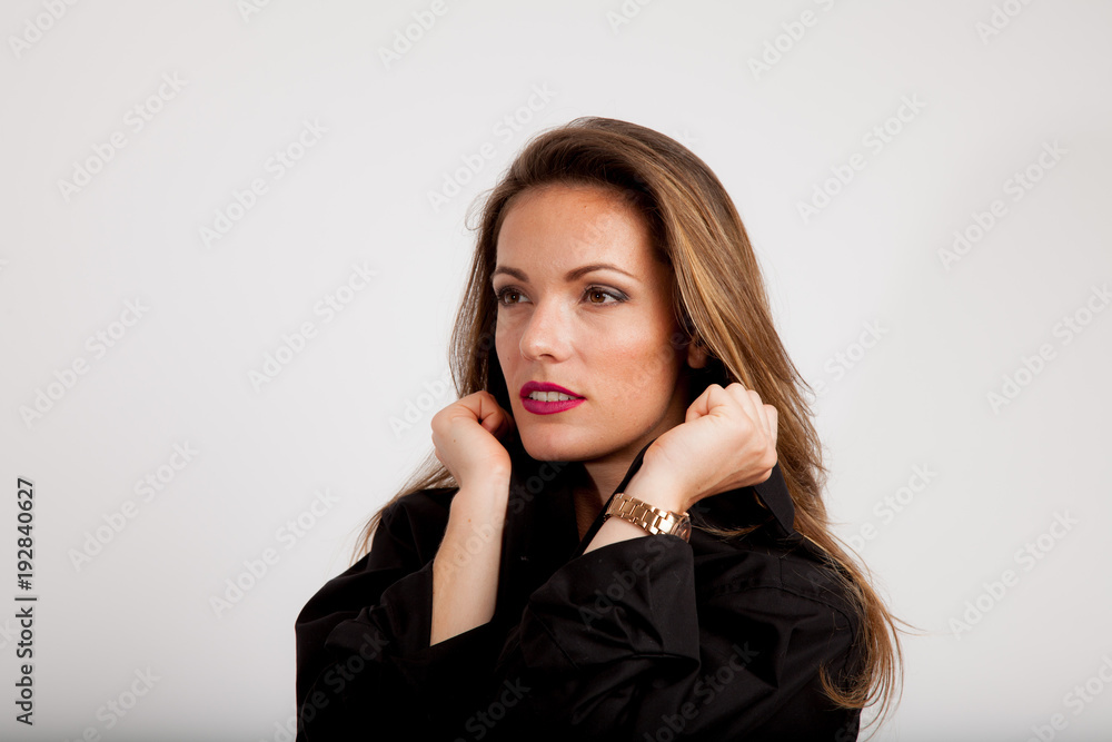 portrait of a beautiful women in black looking far portrait of a beautiful women in black looking far