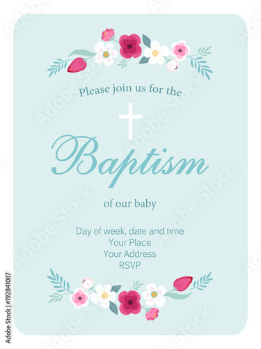 Cute vintage Baptism invitation card with hand drawn flowers photo