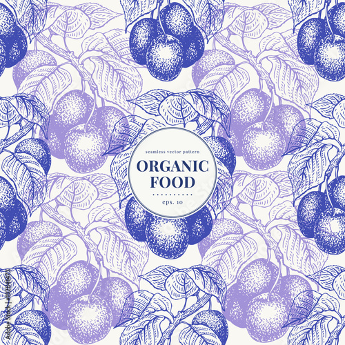 Fruits hand drawn vector seamless pattern. Banner template with plumm berries. Retro engraved style background. Can be use for menu, label, packaging, farm market products.