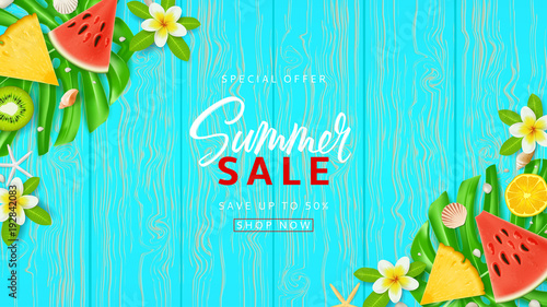 Summer sale promo web banner template. Top view on Summer composition with tropical fruit and plumeria flowers on wooden texture. Vector illustration with special discount offer.