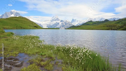 fabulous beautiful landscape with waves on the lake in the Swiss Alps, Europe. Wetterhorn, Schreckhorn, Finsteraarhorn et Bachsee.