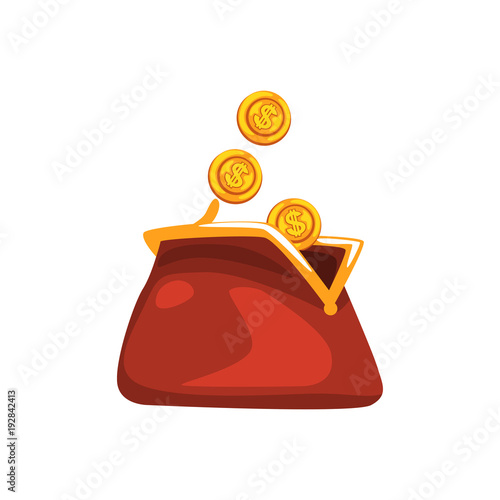 Golden dollar coins falling in red retro purse vector Illustration isolated on a white background