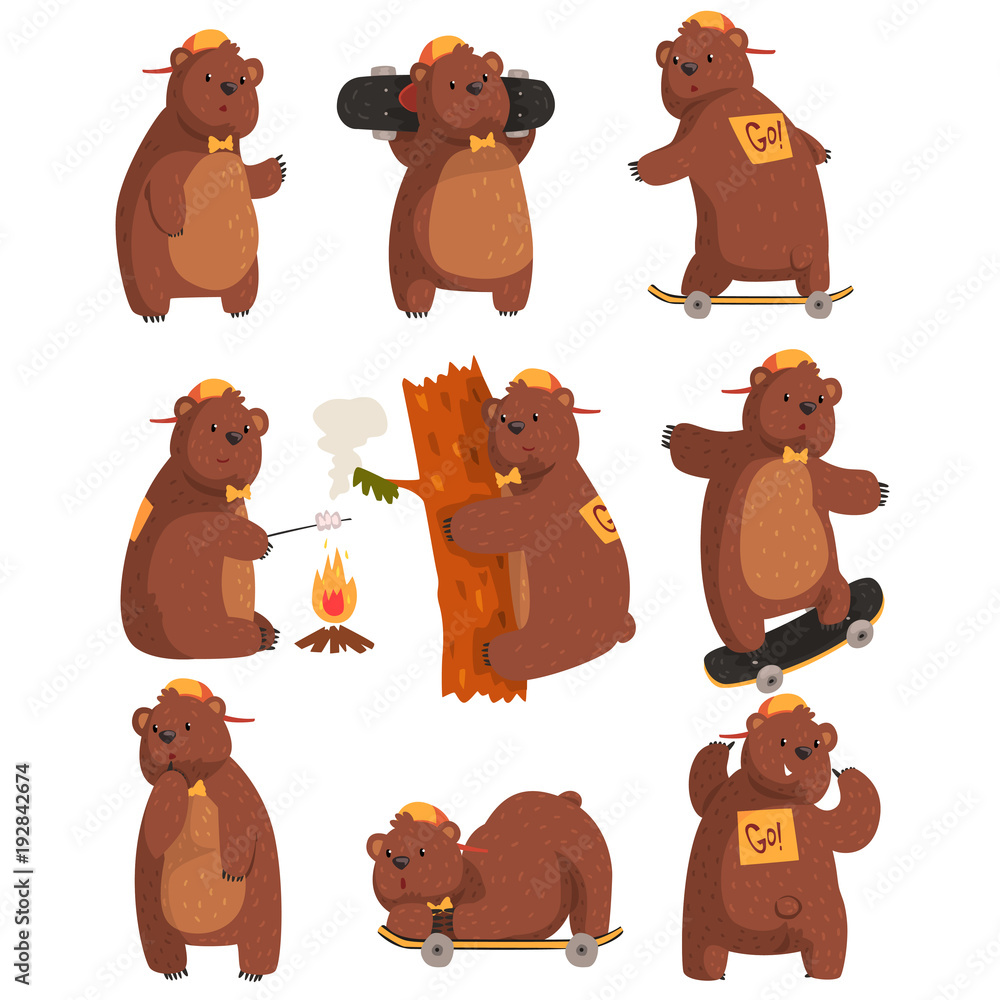 Fototapeta premium Zabawny niedźwiedź nastolatków w różnych sytuacjach. Postać z kreskówki lasu. Brązowy grizzly w pomarańczowej czapce i muszce. Płaski wektor wzór naklejki lub pocztówki