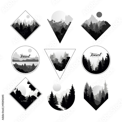 Set of monochrome landscapes in geometric shapes circle, triangle, rhombus. Natural sceneries with wild pine forests. Flat vector for company logo or camping logo