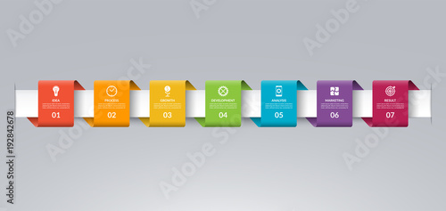 Infographic timeline template in the form of colored paper tapes. Vector banner with 7 options, steps, parts. Can be used for for web, workflow layout, time line, diagram, chart, graph