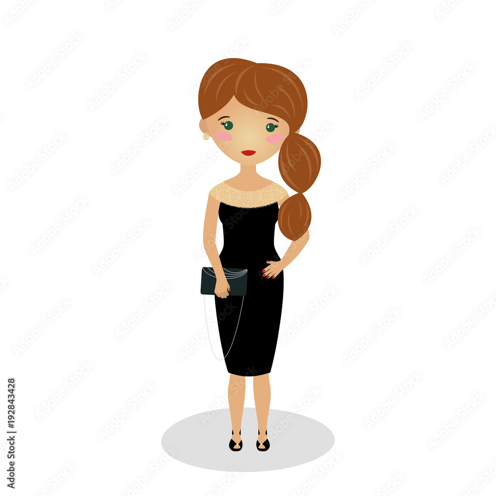 Young girl wearing an elegant midi. Evening outfit. Sleeveless bateau neck  knee length gown. Illustration. Classic little black dress. Going on a  date. Cartoon character isolated on white background. Stock Vector |