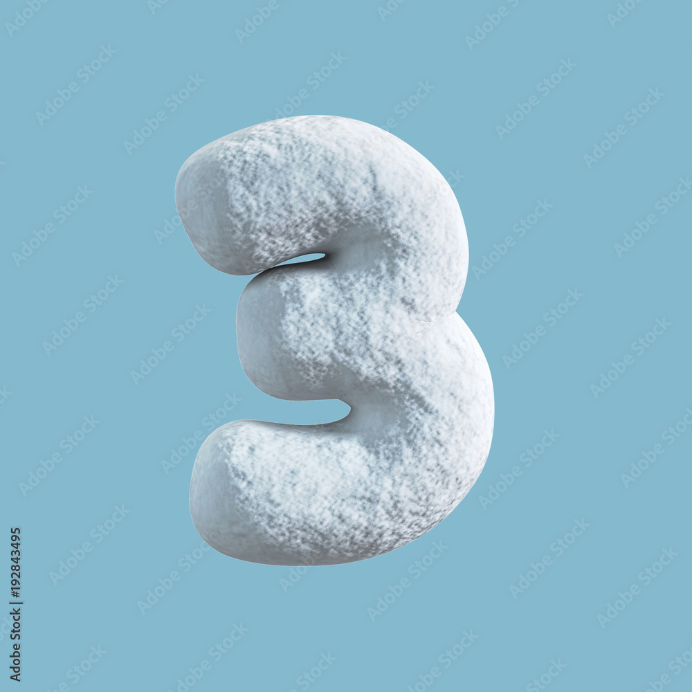 Snow Font. 3d rendering isolated on blue background. Number 3 Snow Font. 3d rendering isolated on blue background. Number 3