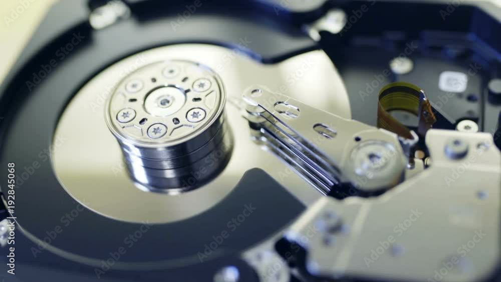 Internals of SATA hard disk drive, shallow depth of field, sliding video Internals of SATA hard disk drive, shallow depth of field, sliding video