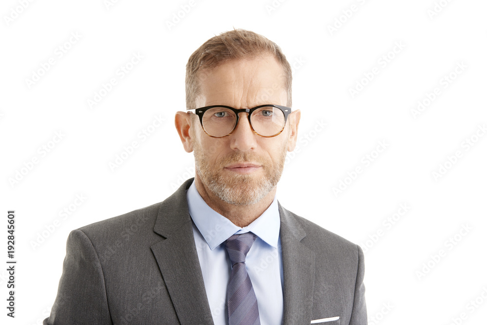 Senior businessman. Studio portrait of a middle aged man wearing suit and tie, looking at camera and standing against at isolated white background. Senior businessman. Studio portrait of a middle aged man wearing suit and tie, looking at camera and standing against at isolated white background.