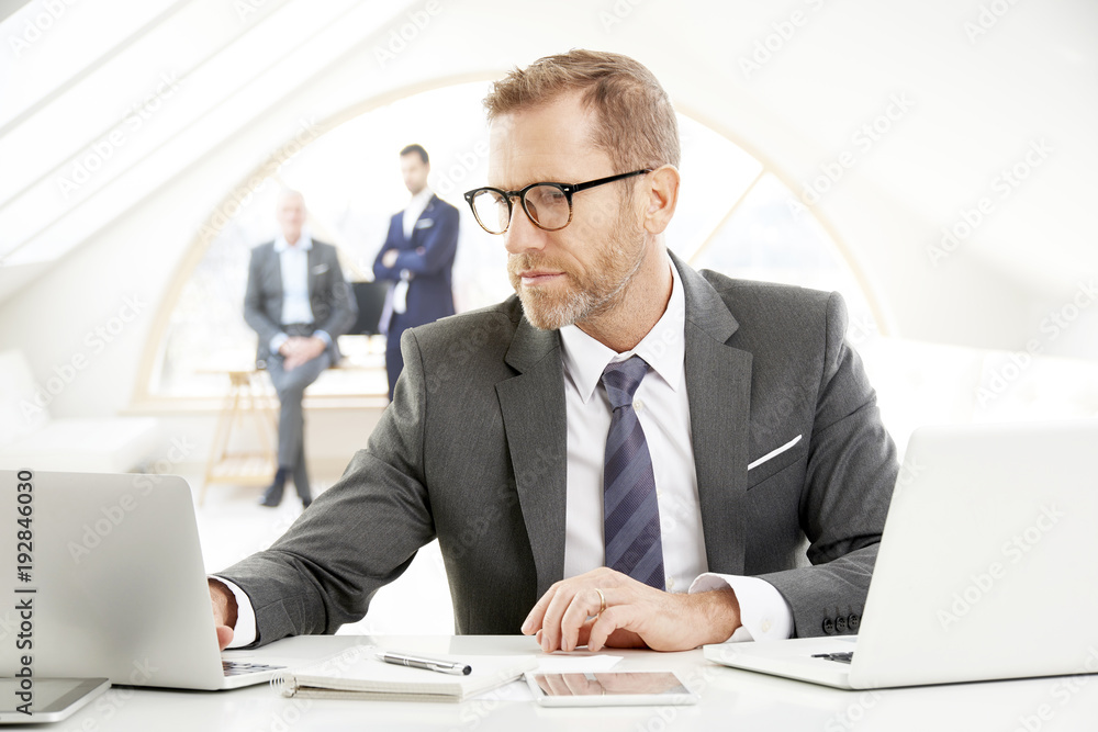 Fototapeta premium Businessman using laptop at the office. Portrait of senior financial male director wearing suit and tie sitting at desk and working. Uncrecognizable business people standing at the background. 