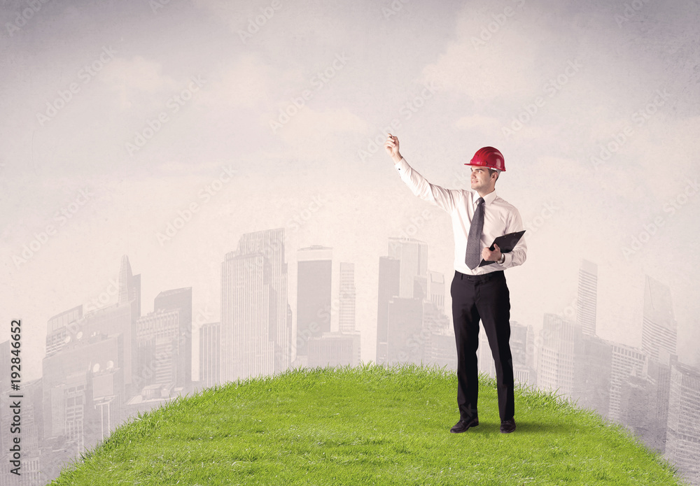 man standing in front of city landscape man standing in front of city landscape