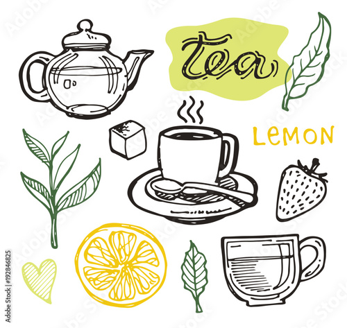Hand drawn doodle tea set