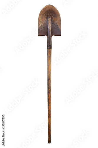 rusty old shovel with a wooden handle on a white background