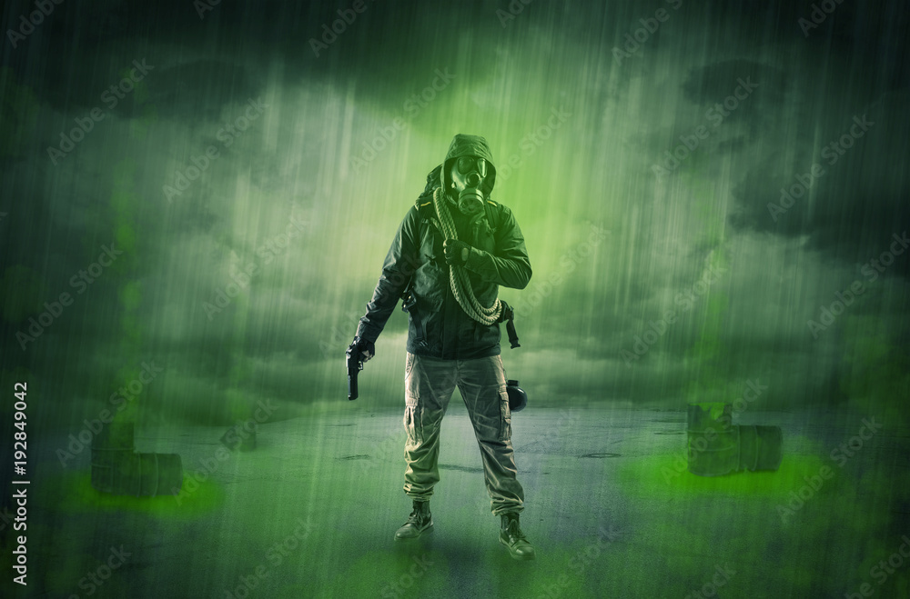Guard in an abandoned space after explosion Guard in an abandoned space after explosion