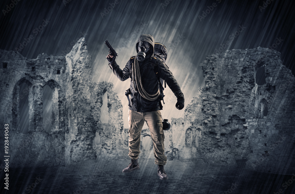 Fototapeta premium Ruined wallpaper with hazard man