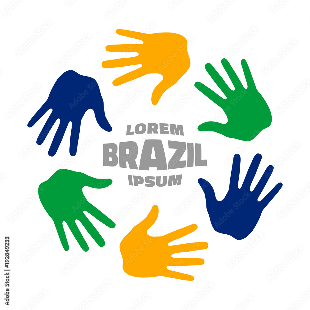 Colorful six hand print icon using Brazil flag colors. Vector illustration.