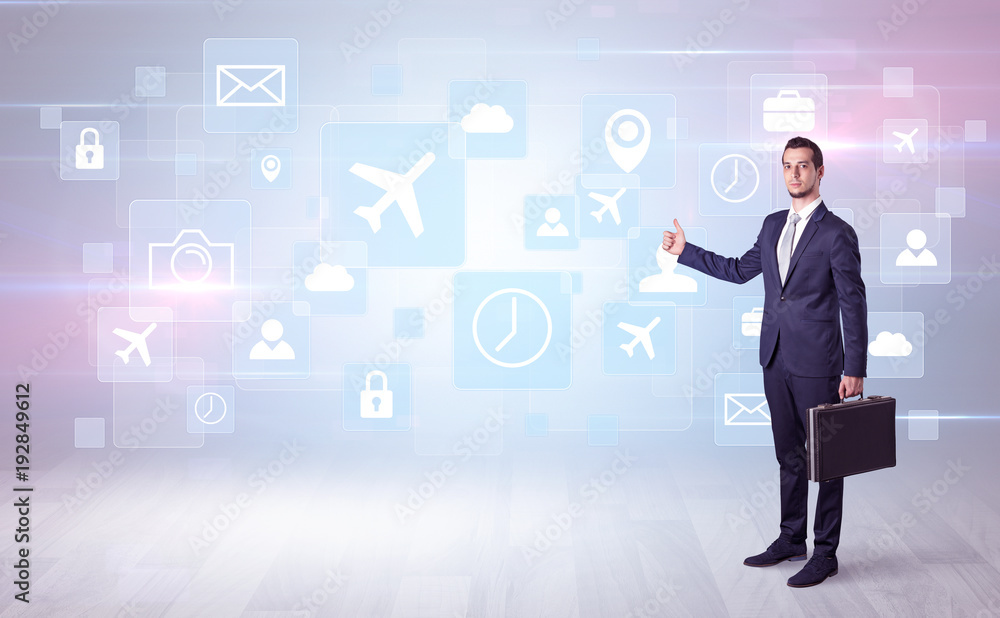 Businessman departs to a business trip with symbols Businessman departs to a business trip with symbols