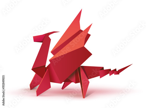 Origami. Origami dragon. Red origami dragon. Illustration of a red dragon origami figure. Flying dragon in origami form. Vector illustration Eps10 file