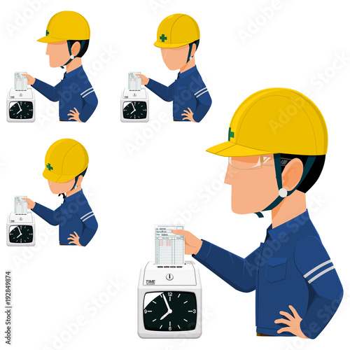 Set of worker is checking in   with the dial time recorder in the morning
