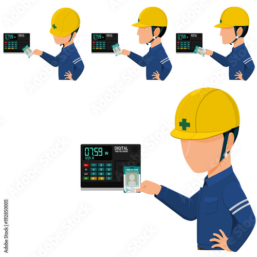 Set of worker is checking in   with the digital card time recorder in the morning
