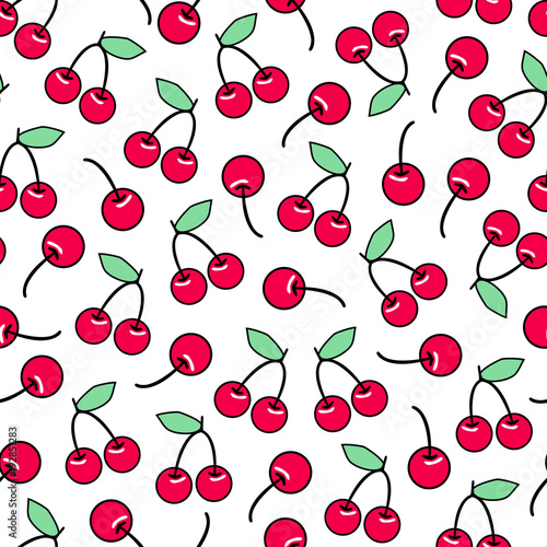 Sweet red ripe cute cherries seamless pattern. Vector design for textile, wrapping, wallpapers, etc.  