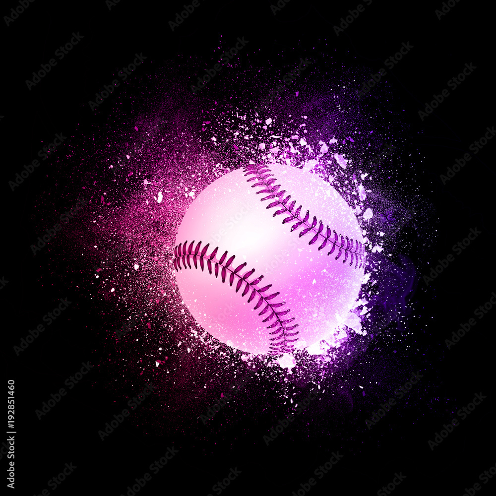 Baseball Ball flying in violet particles isolated on black background. Sport competition concept
