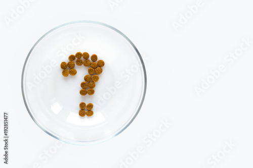 Question mark made of dry cat or dog food in bowl on white background. Concept of choosing a dry food for pet.