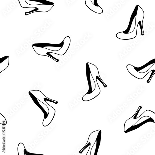 Vogue style hand drawn high heels shoes wallpaper. Glamour fashion seamless pattern. Fashion elements on white background. 