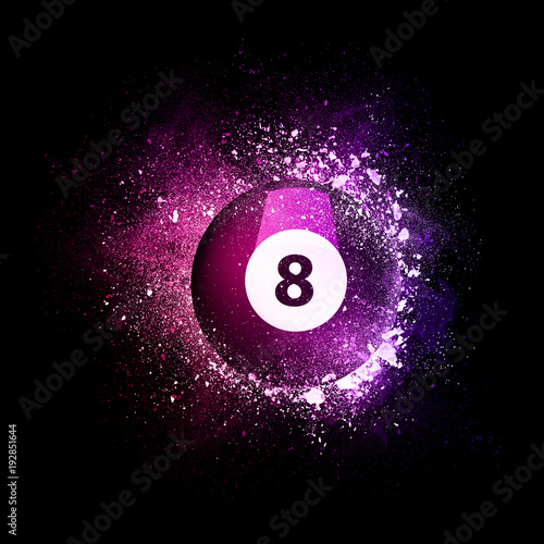 Billiard Ball flying in violet particles isolated on black background. Sport competition concept for billiard tournament poster  placard  card or banner.