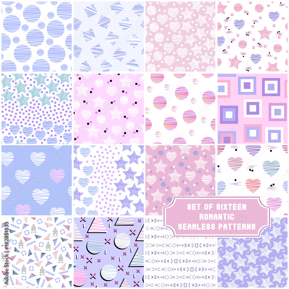 Set of 16 sweet romantic seamless patterns in pastel colors. Collection of vector backgrounds with abstract elements. Ideal for baby shower, mother's day, valentine's day, invitations, wedding design. Set of 16 sweet romantic seamless patterns in pastel colors. Collection of vector backgrounds with abstract elements. Ideal for baby shower, mother's day, valentine's day, invitations, wedding design.