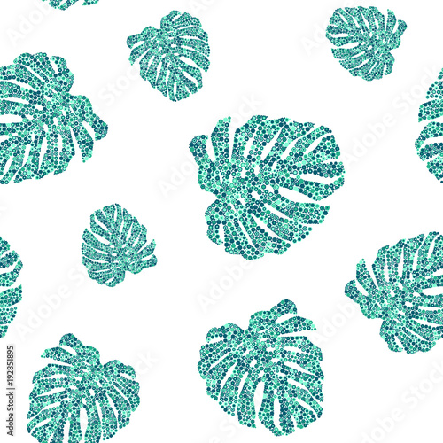 Seamless pattern of tropical monstera leaves. Green palm leaves on white background. Vector illustration. Jungle tropical foliage.