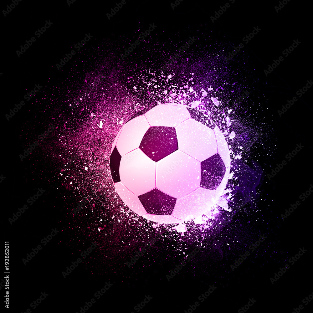 Soccer football ball flying in violet particles isolated on black background. Sport competition concept for baseball tournament poster, placard, card or banner.