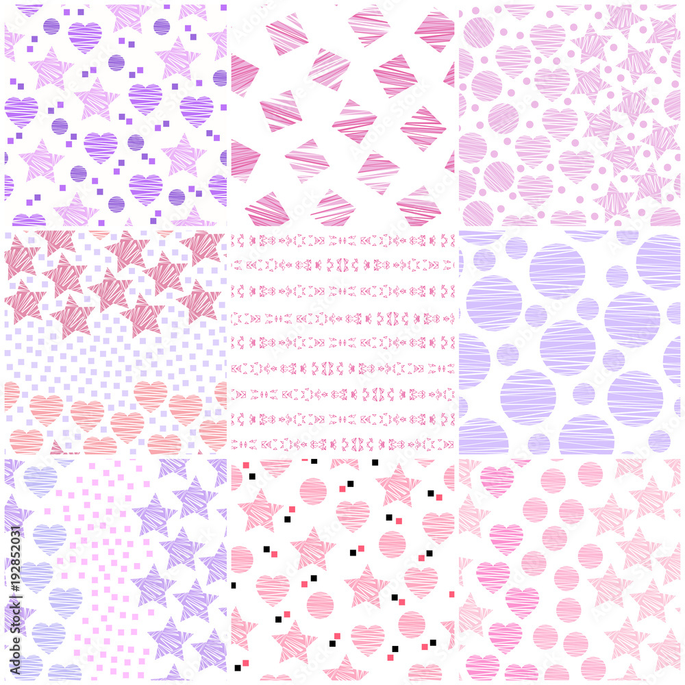 Set of 9 sweet romantic seamless patterns in pastel colors. Collection of vector backgrounds with abstract elements: hearts, stars, circles, squares, etc. White backgrounds. 