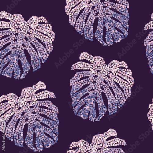 Seamless pattern of tropical monstera leaves. Violet palm leaves on black background. Vector illustration. Jungle tropical foliage.