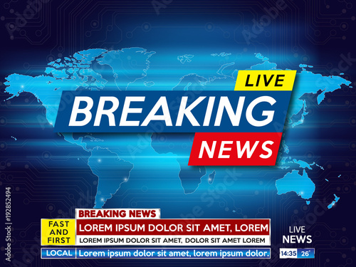 Background screen saver on breaking news. Breaking news live on blue technology background and world map. Vector illustration.