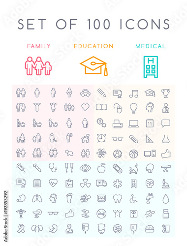 Set of 100 Universal Minimal Black Stroke Icons ( Education School Family People and Medical )