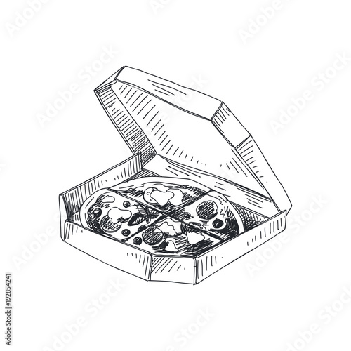 Beautiful vector hand drawn pizza in packaging carton Illustration.