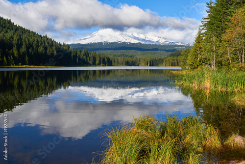 Trillium Lake view and Mount Hood at background covered with clouds. Oregon State USA Pacific Northwest.