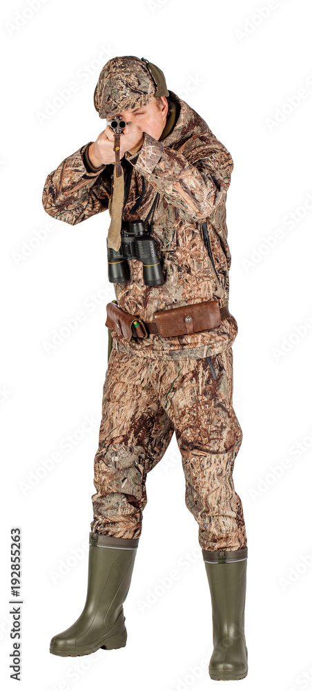 Full length portrait of a male hunter with double barreled shotgun Isolated on white background. hunting and people concept. Full length portrait of a male hunter with double barreled shotgun Isolated on white background. hunting and people concept.