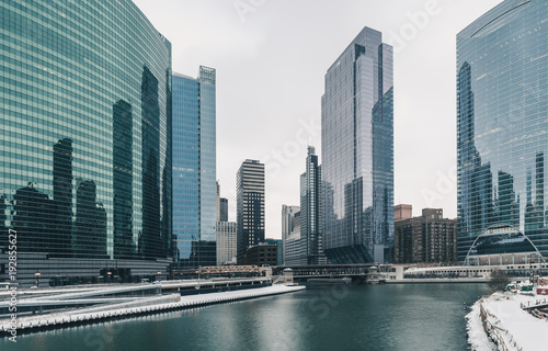 Skyscrapers and river in winter
