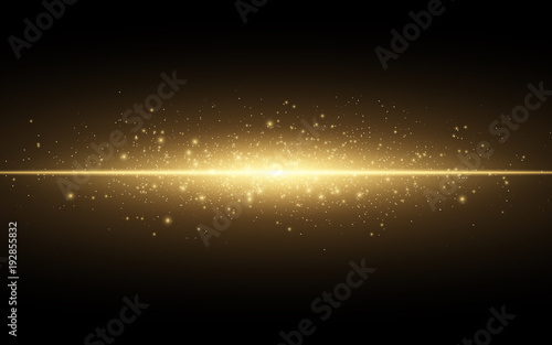 Abstract stylish light effect on a black background. Gold glowing neon line. Golden luminous dust and glares. Flash Light. luminous trail. Vector illustration