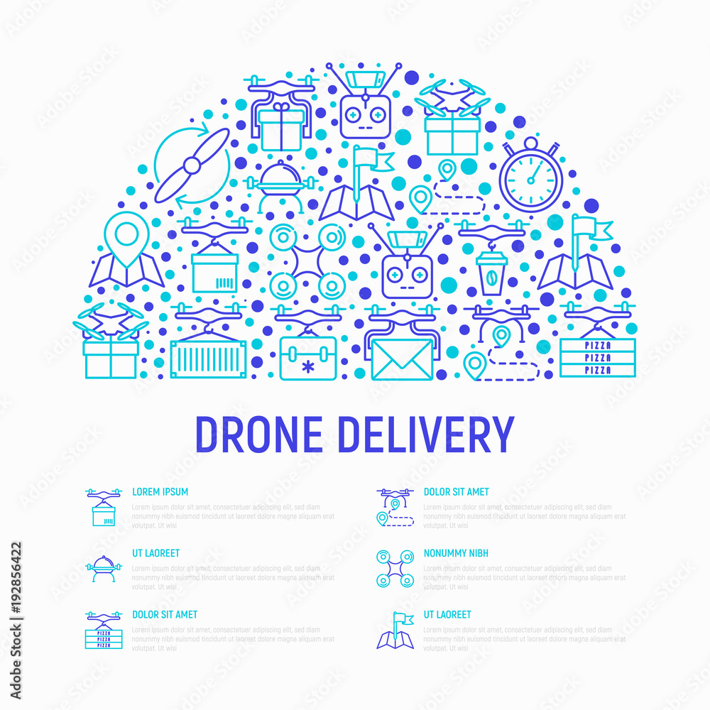 Drone delivery concept in half circle with thin line icons: quadcopter, flying drone with package, remote control, front and side view. Vector illustration of innovative transport for web page