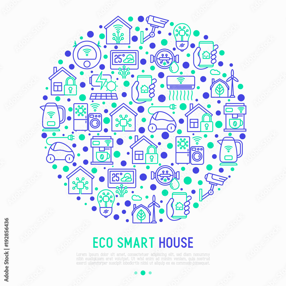 Eco smart house concept in circle with thin line icons: solar battery, security, light settings, appliances, artificial intelligence, mobile app control. Energy saving vector illustration. Eco smart house concept in circle with thin line icons: solar battery, security, light settings, appliances, artificial intelligence, mobile app control. Energy saving vector illustration.