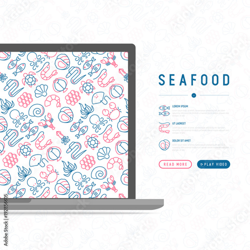 Seafood concept with thin line icons  lobster  fish  shrimp  octopus  oyster  eel  seaweed  crab  ramp  turtle. Modern vector illustration for restaurant menu.