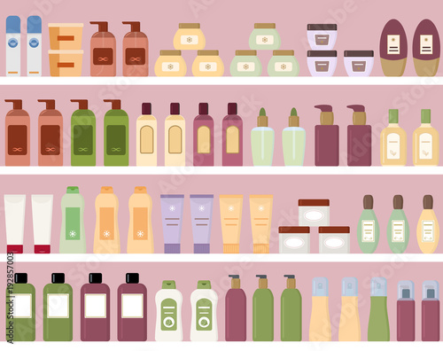 Shelves with colorful cosmetic products in plastic bottles. Seamless pattern. Flat style vector illustration. 