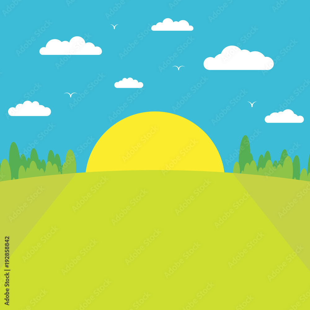 Morning sunrise. The sun rises from behind the forest against a blue sky with clouds and birds. Flat style. 10 eps Morning sunrise. The sun rises from behind the forest against a blue sky with clouds and birds. Flat style. 10 eps
